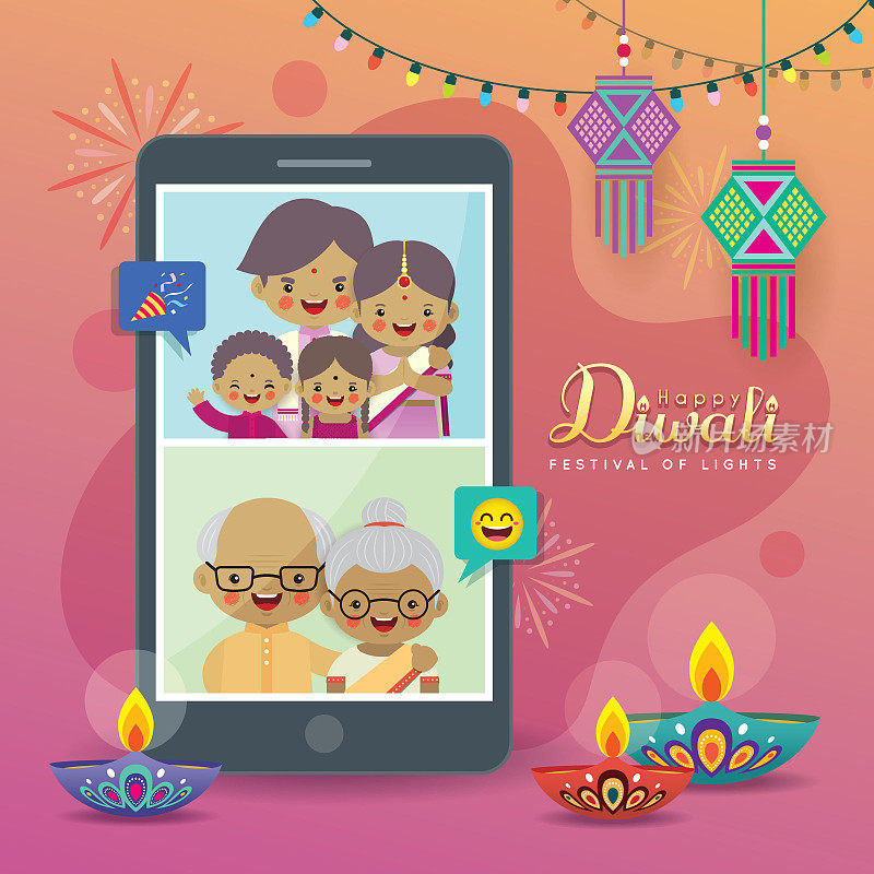 排灯节/迪帕维利-卡通印度家庭视频通过手机在假期打电话